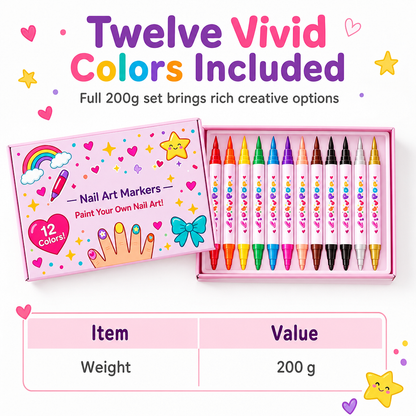12 Colors Kids Dual Tip Nail Art Pen Set, Double Ended Markers for DIY Nail Painting