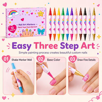 12 Colors Kids Dual Tip Nail Art Pen Set, Double Ended Markers for DIY Nail Painting
