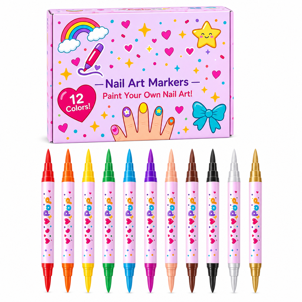12 Colors Kids Dual Tip Nail Art Pen Set, Double Ended Markers for DIY Nail Painting