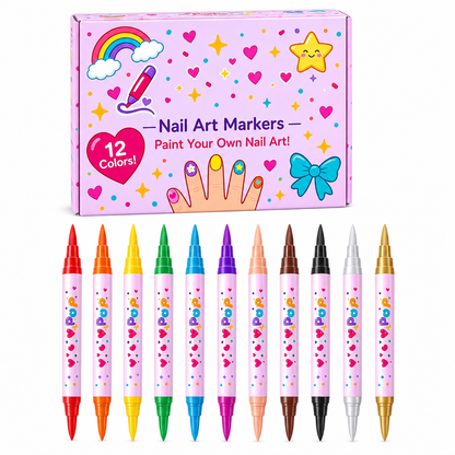 12 Colors Kids Dual Tip Nail Art Pen Set, Double Ended Markers for DIY Nail Painting