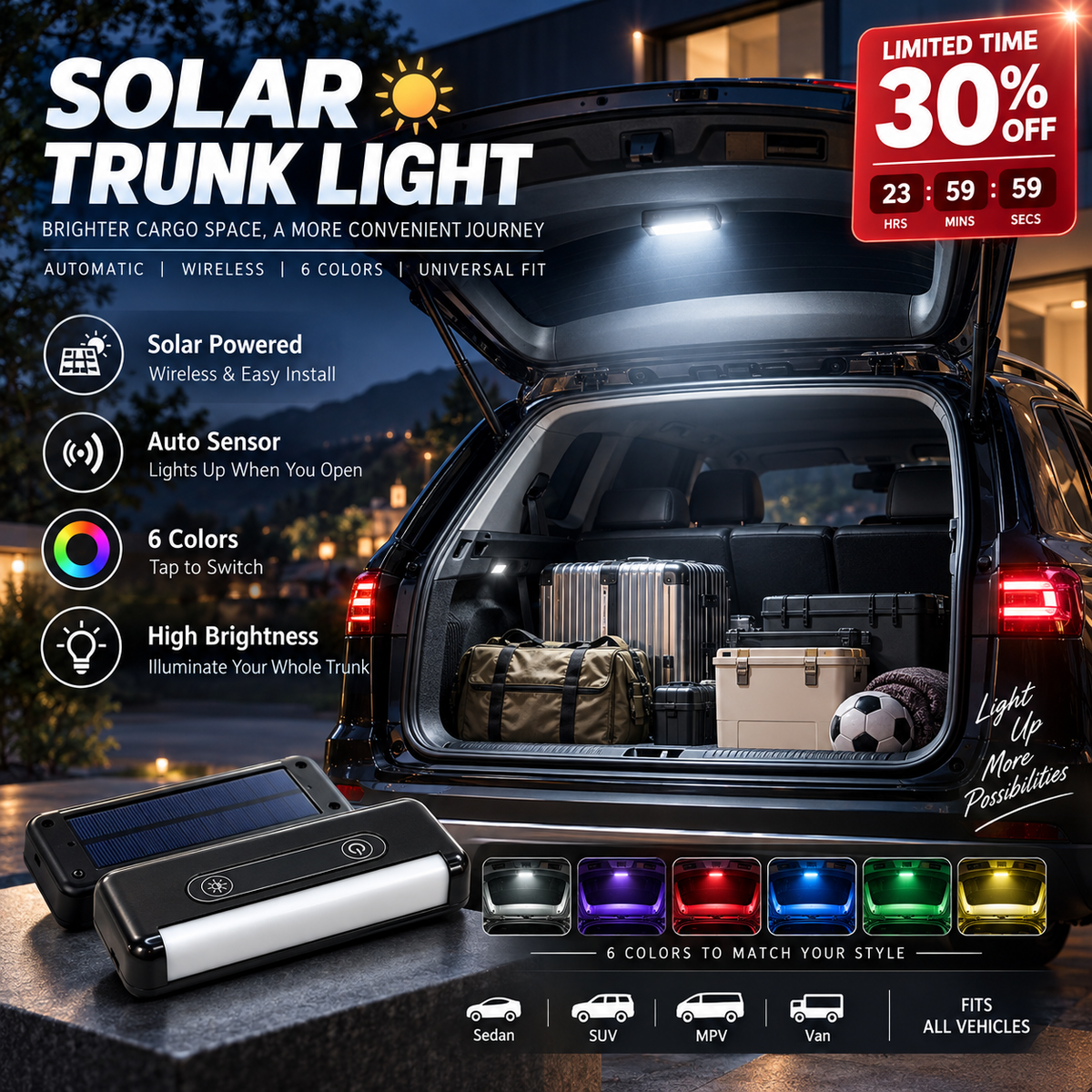 Solar LED trunk lighting for cars – Automatic sensor, wireless, 6 colors, for SUVs and vehicles